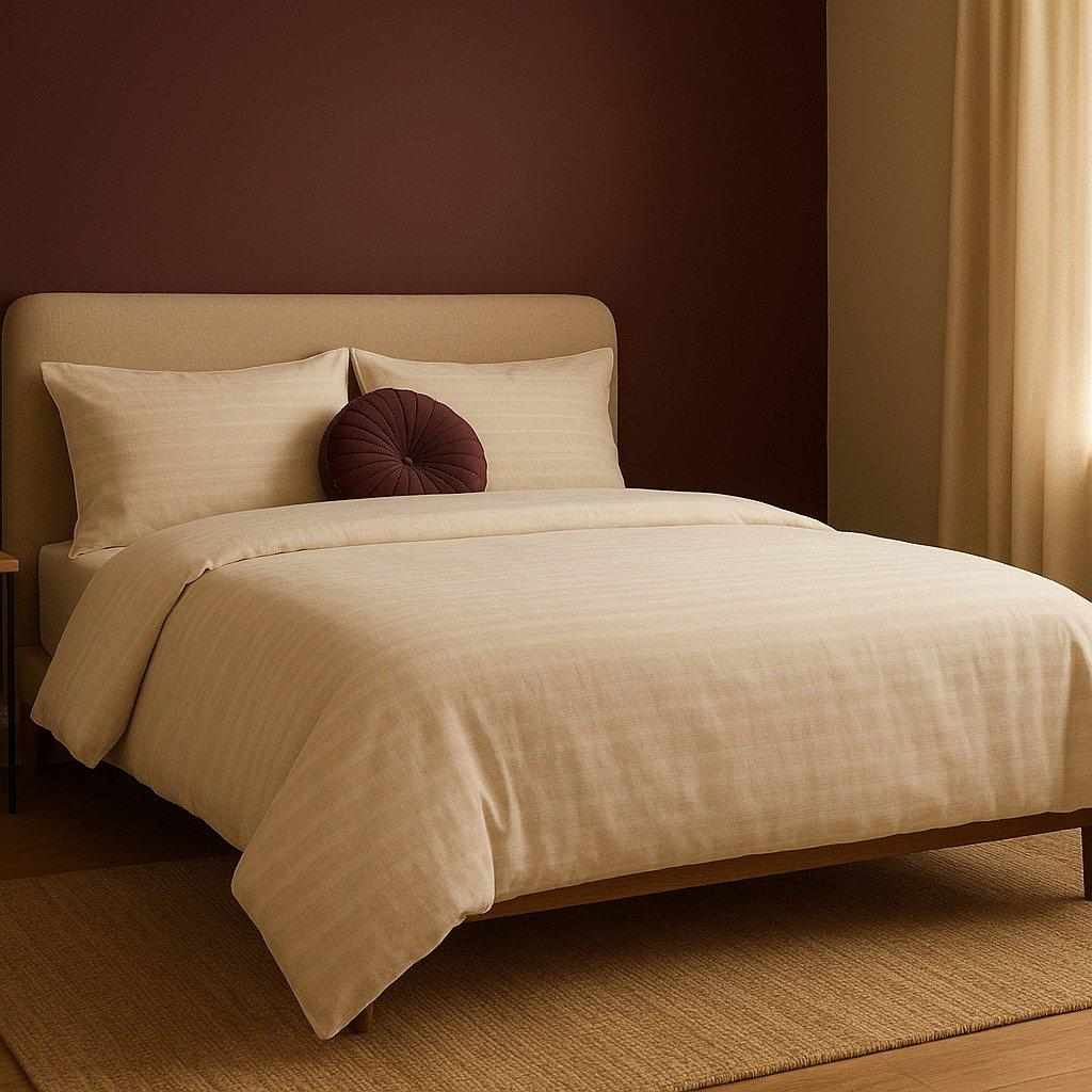 Warm bedroom with a complete oat-striped bed and plum accent pillow
